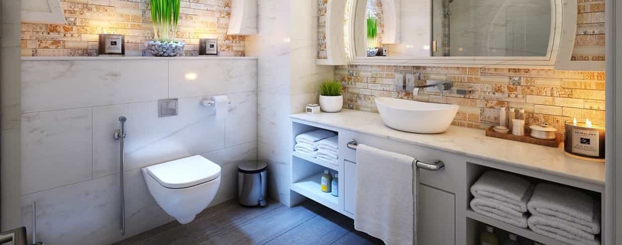 New age bathroom with carefully arranged decor.